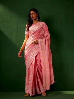 Suha - Women Fashion Ethnic Pink Color Saree with Unstitched Blouse