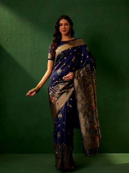 Suha - Women Fashion Ethnic Navy Blue Color Saree with Unstitched Blouse