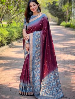 Suha - Women Fashion Ethnic Kanjeevaram Maroon Color Saree with Unstitched Blouse