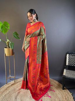 Suha - Women Fashion Ethnic Paithani Olive Color Saree with Unstitched Blouse
