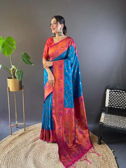 Suha - Women Fashion Ethnic Paithani Blue Color Saree with Unstitched Blouse