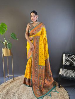 Suha - Women Fashion Ethnic Paithani Yellow Color Saree with Unstitched Blouse