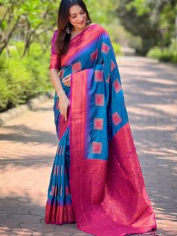 Suha - Women Fashion Ethnic Kanjeevaram Blue Color Saree with Unstitched Blouse