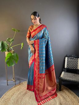 Suha - Women Fashion Ethnic Kanjeevaram Blue Color Saree with Unstitched Blouse
