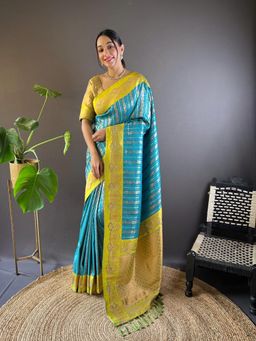 Suha - Women Fashion Ethnic Kanjeevaram Blue Color Saree with Unstitched Blouse