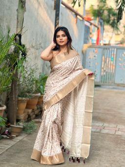 Suha - Women Fashion Ethnic Kanjeevaram Beige Color Saree with Unstitched Blouse