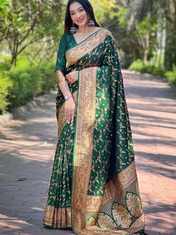 Suha - Women Fashion Ethnic Banarasi Green Color Saree with Unstitched Blouse
