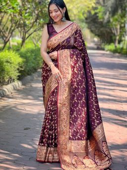 Suha - Women Fashion Ethnic Banarasi Maroon Color Saree with Unstitched Blouse