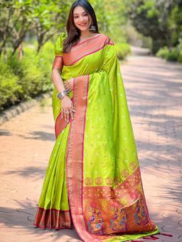 Suha - Women Fashion Ethnic Paithani Green Color Saree with Unstitched Blouse