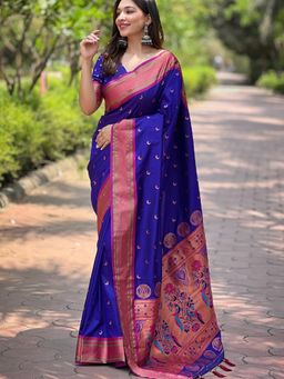 Suha - Women Fashion Ethnic Paithani Blue Color Saree with Unstitched Blouse