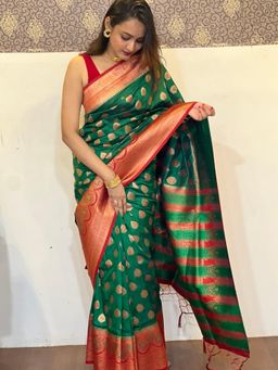 Suha - Women Fashion Ethnic Kanjeevaram Green Color Saree with Unstitched Blouse