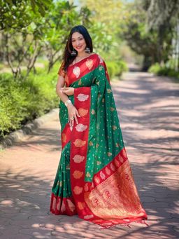 Suha - Women Fashion Ethnic Kanjeevaram Green Color Saree with Unstitched Blouse