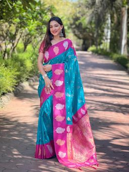 Suha - Women Fashion Ethnic Kanjeevaram Blue Color Saree with Unstitched Blouse