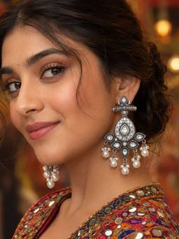 Digital Dress Room - Women White Stones Brass Plated Earrings