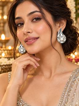 Digital Dress Room - Women White Stones Brass Plated Earrings