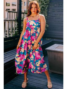 PARTIQ - Dark Blue Floral High Waist Sleeveless Flared Long Dress