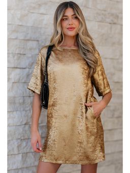 PARTIQ - Gold Metallic Luster Crew Neck Mini Dress