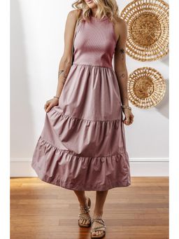 PARTIQ - Sepia Rose Ribbed Vest Patchwork Tiered Midi Dress