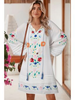 PARTIQ - White Floral Print Boho Tassel Tie Split Neck Tucking Detail Mini Dress