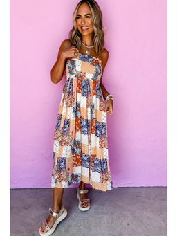 PARTIQ - Floral Patchwork Printed Frilled Bandeau Smocked High Waist Midi Dress