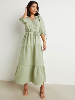 Styli - Green Textured A-line Maxi Dress With Self Tie Detail