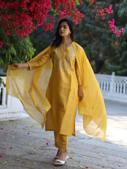 Tatwa Designs - Mustard Half Lily Kurta with Pant & Dupatta (Set of 3)
