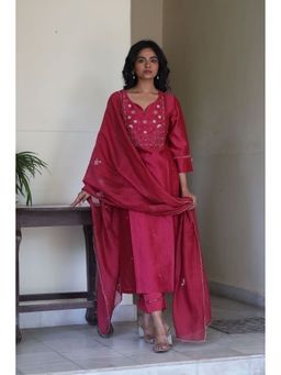 Tatwa Designs - Magenta Pink Glass Beaded Kurta with Pant & Dupatta (Set of 3)