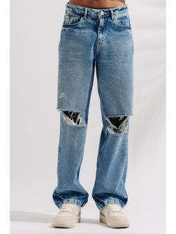 FREAKINS - Mens Blue Knee Ripped Straight Jeans