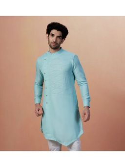 Manyavar - Blended Viscose Green Self Design Mandarin Collar Kurta Only