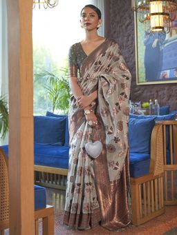 Akhilam - Womens Organza Grey Woven Designer Saree with Unstitched Blouse