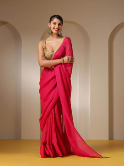 Swtantra - Raw Stripes Print Pink Chiffon Saree with Unstitched Blouse