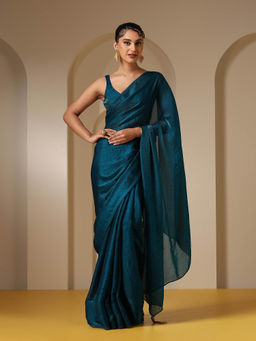 Swtantra - Metallic Peacock Teal Blue Satin Saree with Unstitched Blouse
