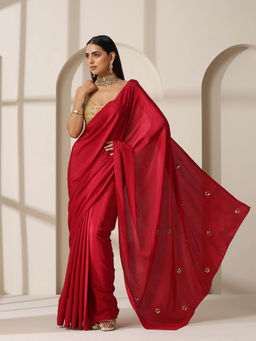 Swtantra - Red Crepe Saree with Unstitched Blouse