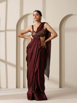 Swtantra - Chocolate Chiffon Saree with Unstitched Blouse