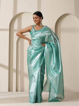 Swtantra - Maldives Blue Banarasi Tissue Saree with Unstitched Blouse Fabric (Free Size)