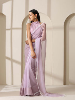 Swtantra - Lavender Chiffon Saree with Lace Work and Unstitched Blouse