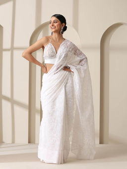 Swtantra - White Tepchi Hand Chikankari Pure Georgette Saree with Unstitched Blouse