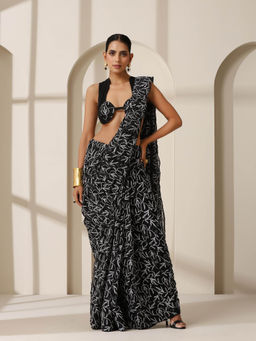 Swtantra - Black Tepchi Hand Chikankari Pure Georgette Saree with Unstitched Blouse