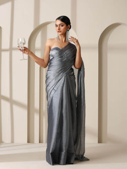 Swtantra - Grey Galaxy Diamond Organza Chiffon Saree with Unstitched Blouse