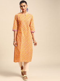 Gerua By Libas - Yellow Printed Cotton Kurta