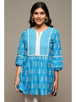 Biba - Women Blue Embroidered Voile Straight Kurti