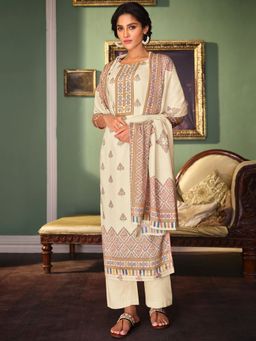 Stylee LIFESTYLE - Cream Jam Satin Printed Dress Material (Set of 3)