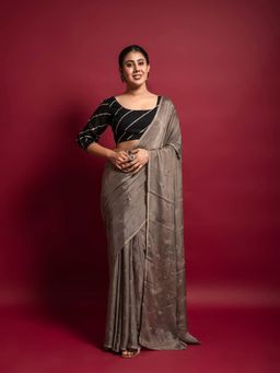 Shrithi Fashion Fab - Womens Embroidered Brown Chinon Saree with Unstitched Blouse