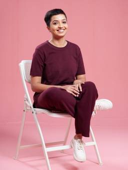 Blissclub - Women Burgundy At Ease Cotton Knit Top with Side Slit