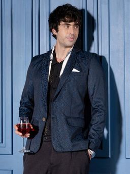 Campus Sutra - Mens Navy Blue Tailored Streak Jacquard Blazer