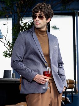 Campus Sutra - Mens Onyx Blue Tailored Reptilia Jacquard Blazer