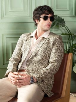 Campus Sutra - Mens Moon Grey and Khaki Beige Tailored Curved-Check Jacquard Blazer