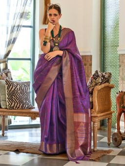 Akhilam - Womens Organza Purple Woven Design Handloom Saree with Unstitched Blouse