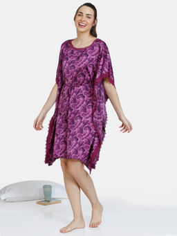 Zivame - Artsy Leaves Woven Knee Length Dress - Dark Purple