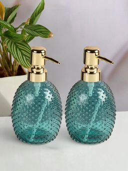 Kookee - Green Glass Soap Dispenser Stylish Refillable Pump for Bathroom & Kitchen (Pack of 2)